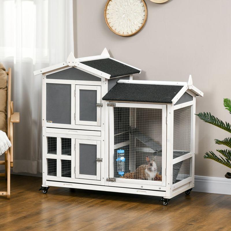 PawHut 43" Indoor Rabbit Hutch with an Extra Hideout, Bunny Rabbit Cage Playpen with Space-Saving Design, Bunny Hutch with Removable Tray, Gray