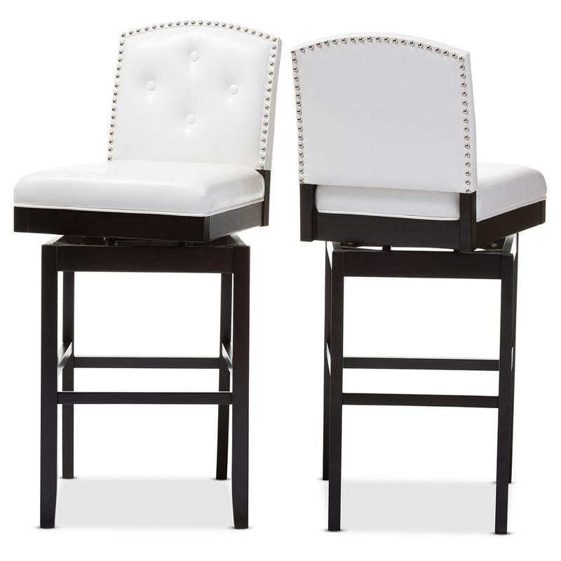 Set of 2 Ginaro Faux Leather Button Tufted Upholstered Swivel Barstools White - Baxton Studio: Nailhead Trim, Rubberwood Frame