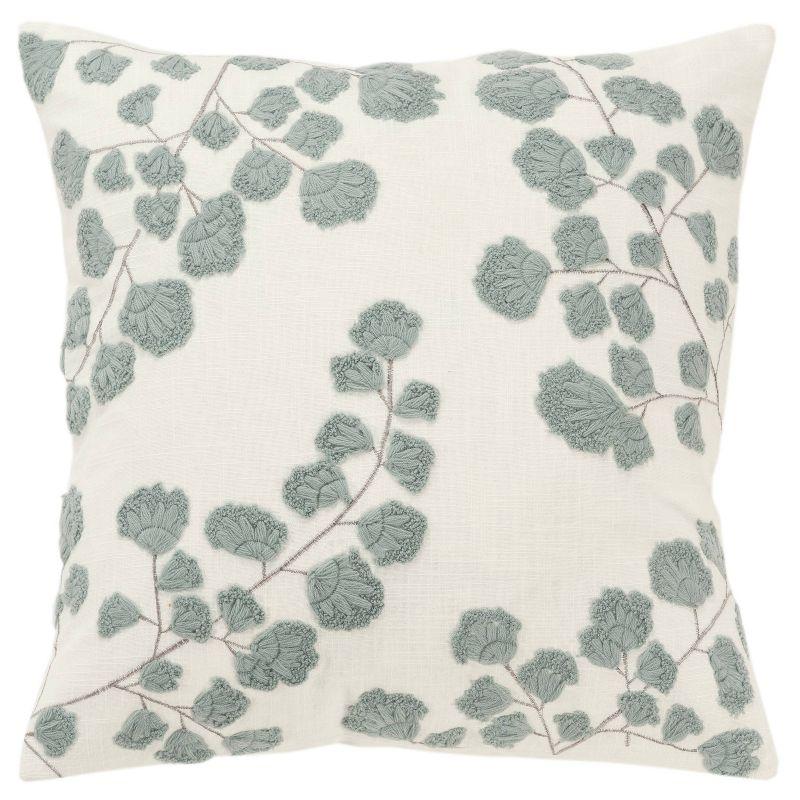 Ivory and Gray Embroidered Cotton Square Throw Pillow