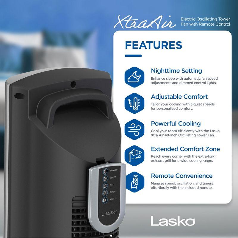 Lasko T48332 XtraAir 48 Inch 3 Speed Quiet Widespread Oscillating Home Tower Fan with Remote, Electronic Controls, 8 Hour Timer, and Nighttime Setting