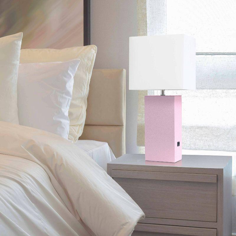 Modern Leather Table Lamp with USB and Fabric Shade - Elegant Designs