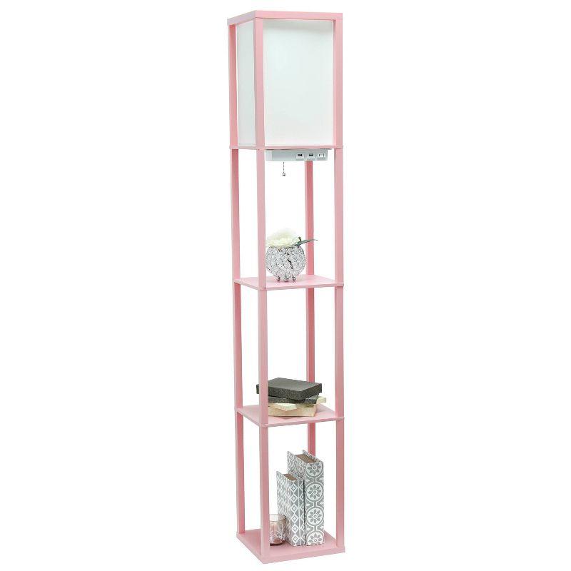 Floor Lamp Etagere Organizer Storage Shelf with 2 USB Charging Ports and Linen Shade - Simple Designs