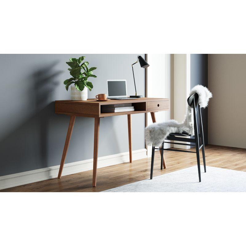 Nathan James Parker Mid-Century Desk with Drawer Acacia Light Brown: MDF Top, Solid Wood Legs, Home Office Furniture