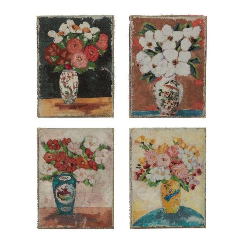 Set of 4 Multicolor Floral Canvas Paintings with Wood Frame