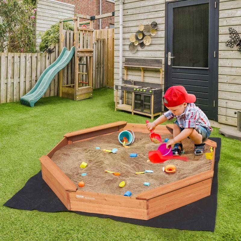 VEVOR Wooden Sandbox with Cover, 75.6 x 75.6 x 9.1 in Octagonal Sand Box, Sand Pit with 4 Seating and Bottom Liner