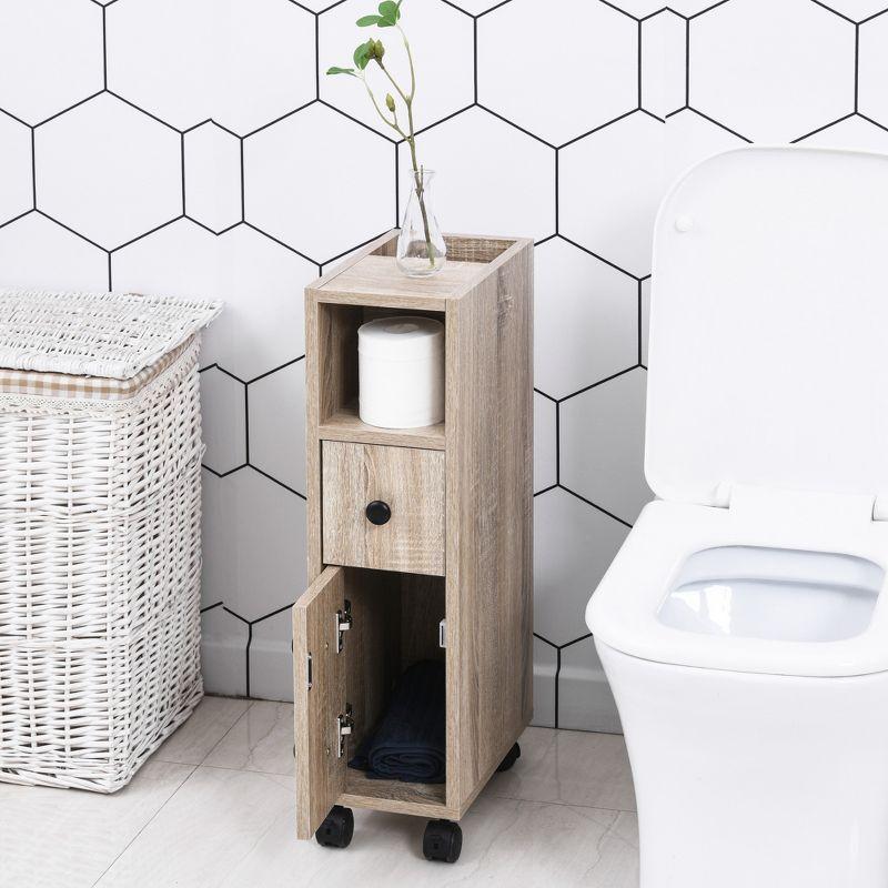 kleankin Freestanding Compact Design Bathroom Cabinet with 2 Open Cabinets, 1 Door Cabinet, 1 Drawer and 4 Rolling Wheels, Oak Grain Color