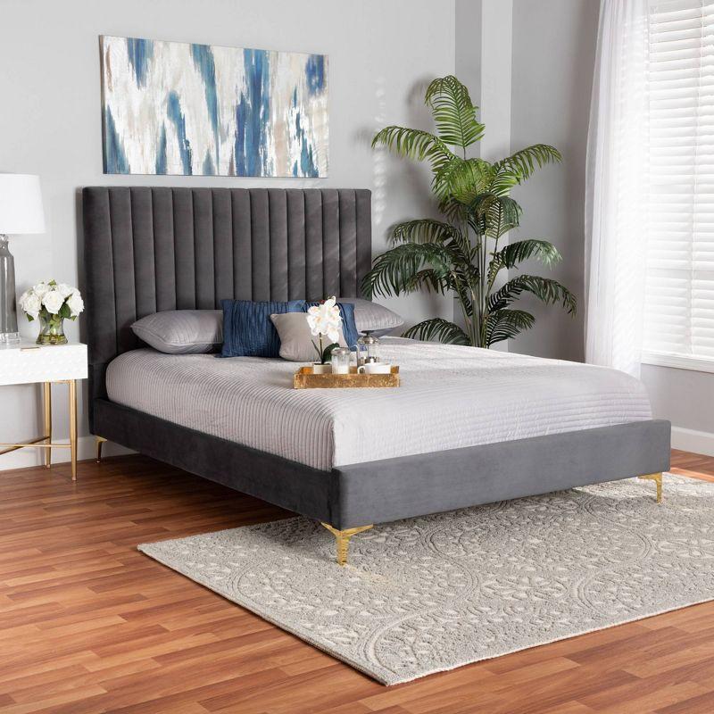 Queen Serrano Velvet Fabric Upholstered and Metal Platform Bed Gray/Gold - Baxton Studio: Channel Tufted, No Box Spring Needed