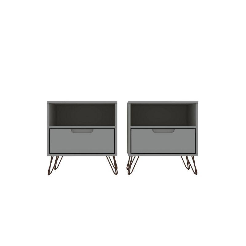 Set of 2 Rockefeller 1 Drawer Nightstands Off White - Manhattan Comfort: Mid-century Design, Metal Legs, Concealed Storage