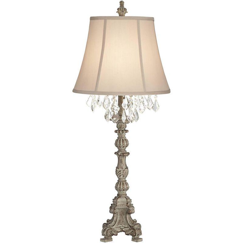 Barnes and Ivy Duval Traditional Table Lamp 34" Tall Distressed Antique White Candlestick Crystal Beige Fabric Bell Shade for Bedroom Living Room Home