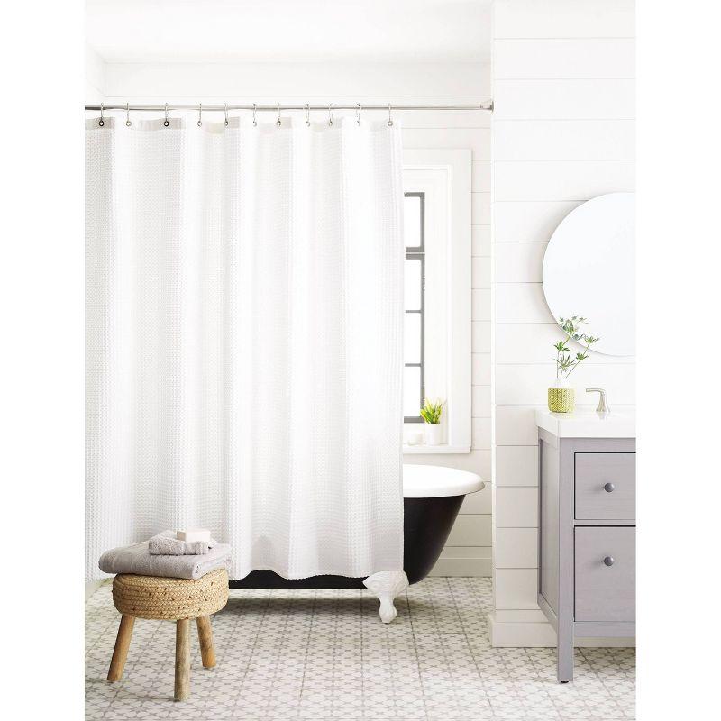 White Waffle Weave Fabric Shower Curtain