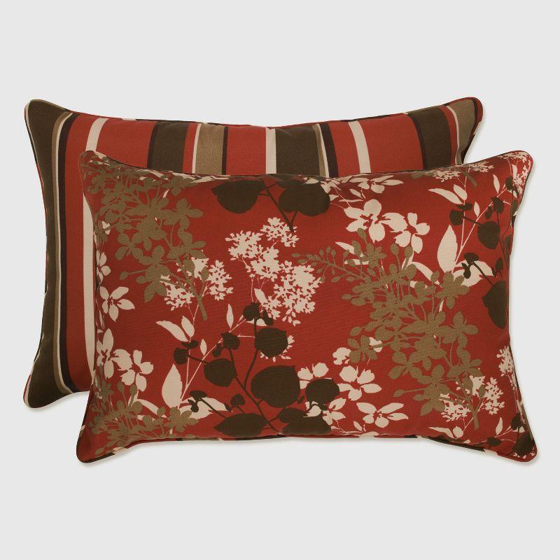 Reversible Red and Brown Floral Stripe Lumbar Pillow Set