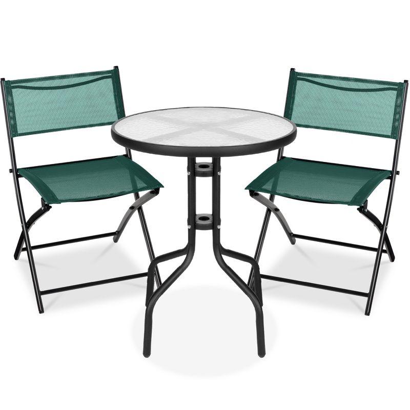Best Choice Products 3-Piece Patio Bistro Dining Furniture Set w/ Glass Tabletop, Folding Chairs - Dark Green