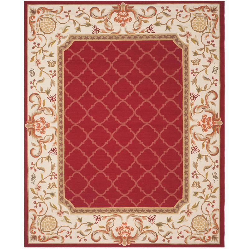 Burgundy and Ivory Hand-Hooked Wool Area Rug, 8' x 10'