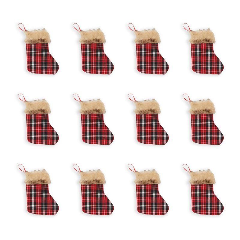 Okuna Outpost 12 Pack Mini Christmas Stockings, Red Buffalo Plaid Holiday Decor (6 x 8 in)