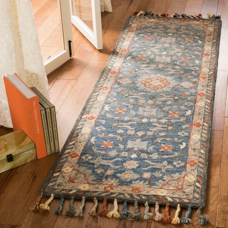 Handmade Rustic-Chic Blue Floral Wool Runner Rug - 27in x 5in