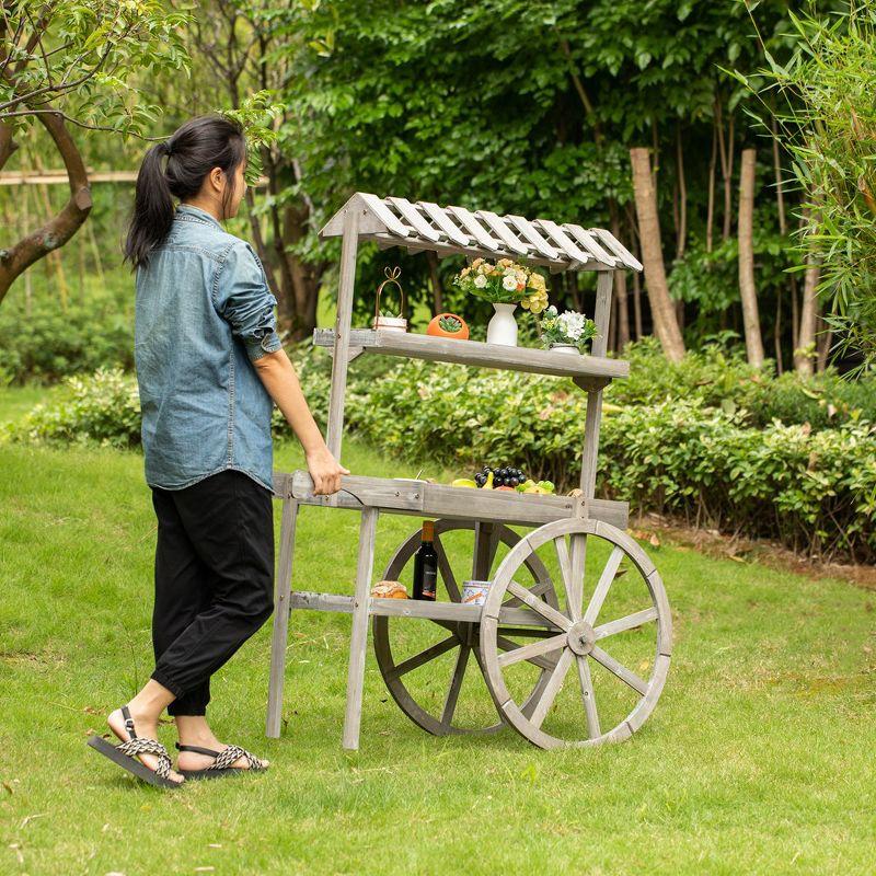 Antique Rustic Solid Wood decor Display Rack Cart Wood Plant Stand 3 Tier with Wheels for Display, Wood Wagon with Shelves for Plants and More