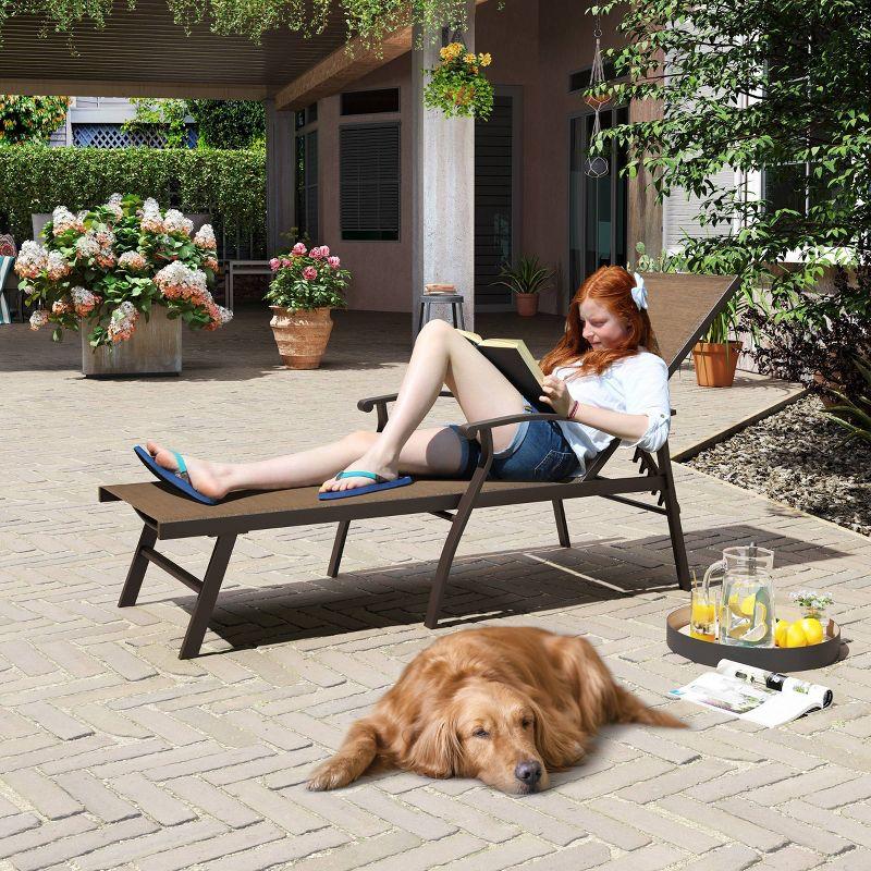 Outdoor Aluminum Adjustable Chaise Lounge Chair with Arms - Brown - Crestlive Products