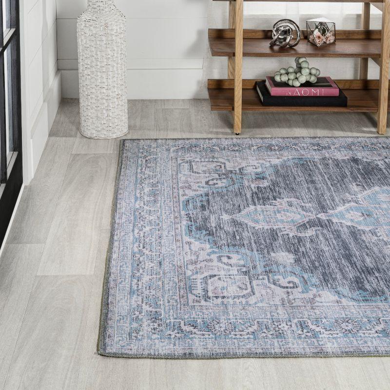 Gray and Blue Chenille Medallion Washable Area Rug