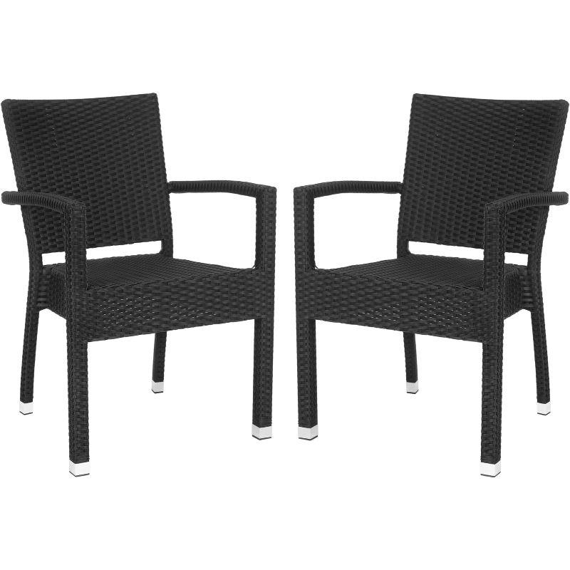 Sleek Black Wicker and Aluminum Outdoor Arm Chair, Set of 2