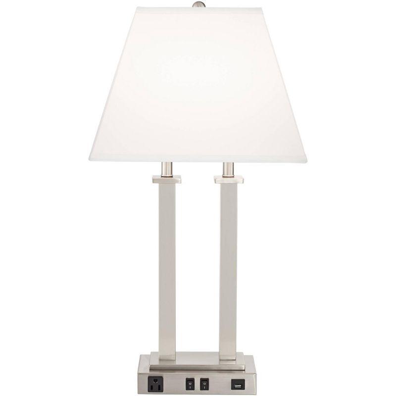 Possini Euro Design Amity Modern Table Lamp 26" High Brushed Nickel with USB and AC Power Outlet in Base White Linen Shade for Bedroom Bedside Desk