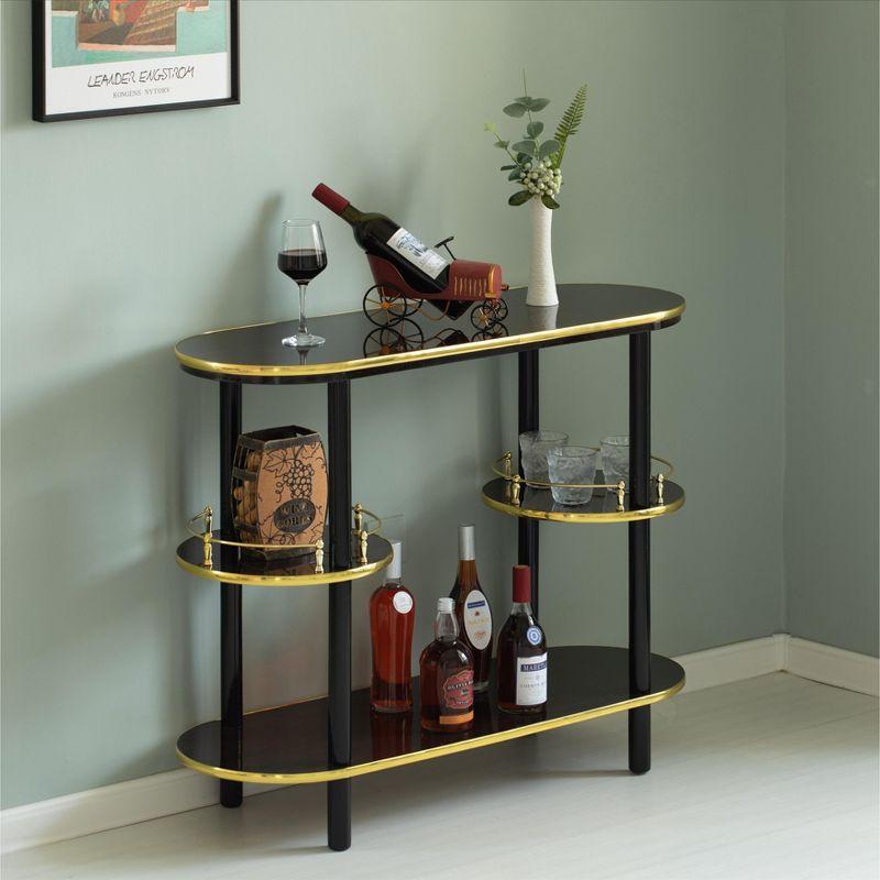 Sleek Brown Wooden Console Bar with Tiered Shelving and Wine Storage