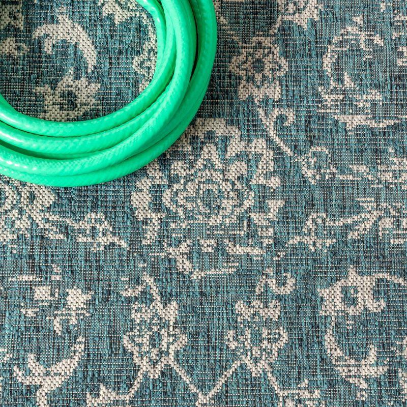 Teal and Gray Bohemian Floral Indoor/Outdoor Area Rug