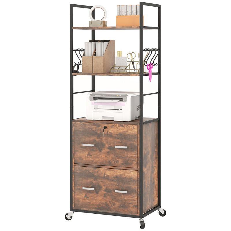 Rustic Brown 2 Drawer Mobile File Cabinet with Lock and Shelves