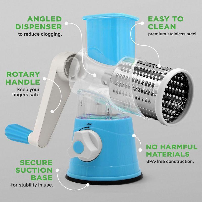 Nutrichef Rotary Cheese Grater with Handle and 3 Replaceable Drum Blades