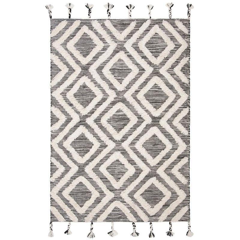 Ivory and Black Hand-Knotted Tribal Wool Square Area Rug, 4' x 6'