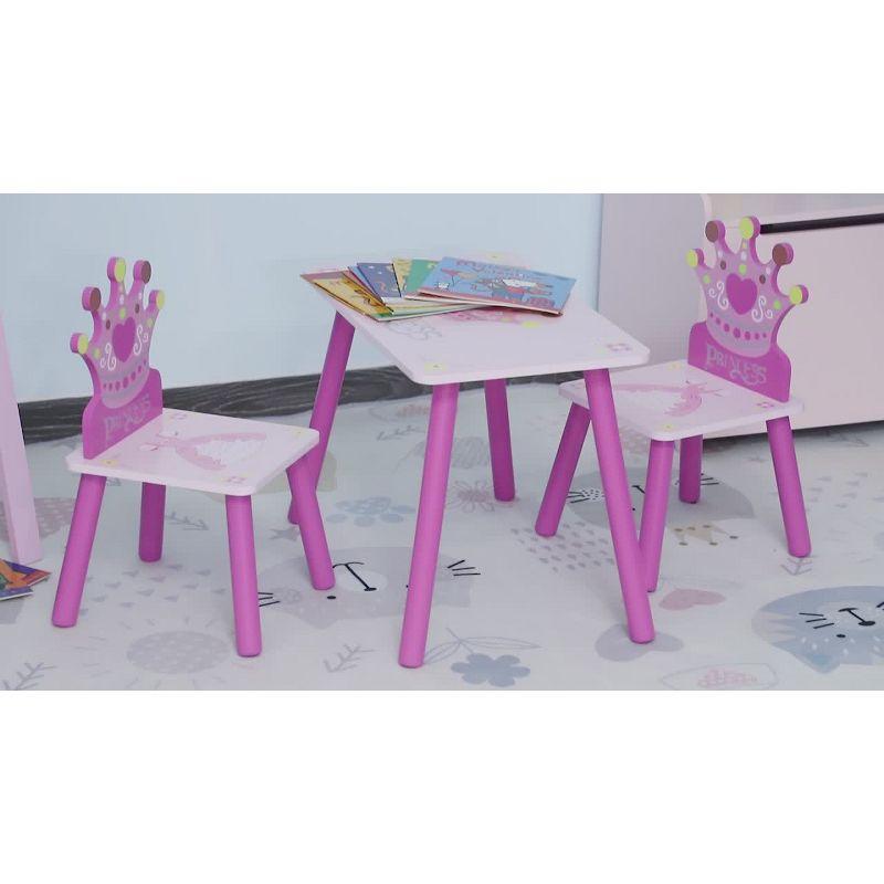 Qaba 3-Piece Kids Wooden Table and Chair Set with Crown Pattern Gift for Girls Toddlers Arts Reading Writing Age 2-4 Years Pink