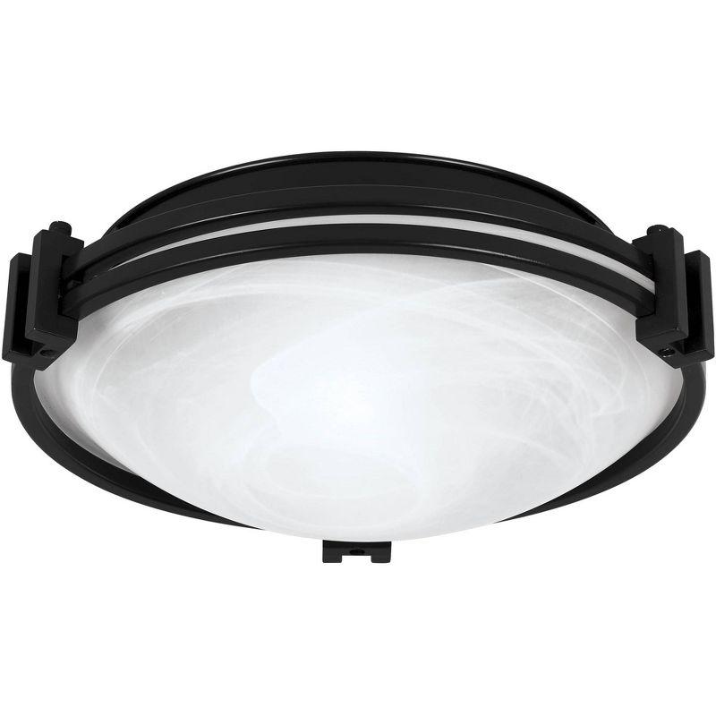 Possini Euro Design Deco Modern Ceiling Light Flush Mount Fixture 12 3/4" Wide Black 2-Light Marbleized White Glass Bowl Shade for Bedroom Kitchen