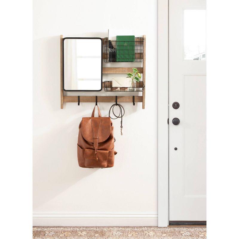 Rustic Brown Wall Organizer with Mirror and Hooks