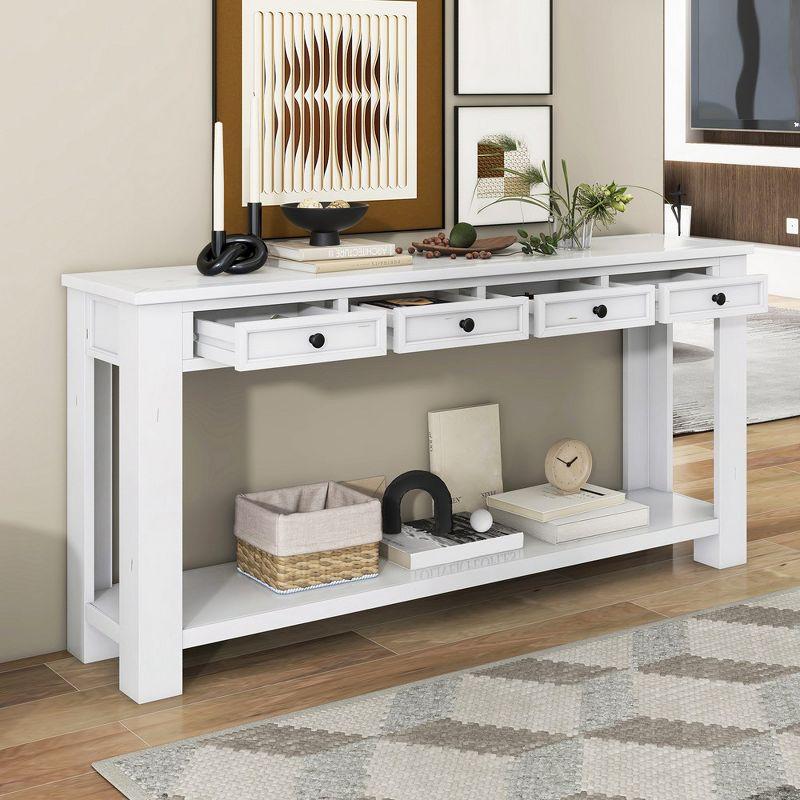 63" Wood Console Table, Foyer Sofa Table with 4 Drawers and Bottom Shelf, Narrow Entertainment Center Entryway Table for Hallway Living Room White