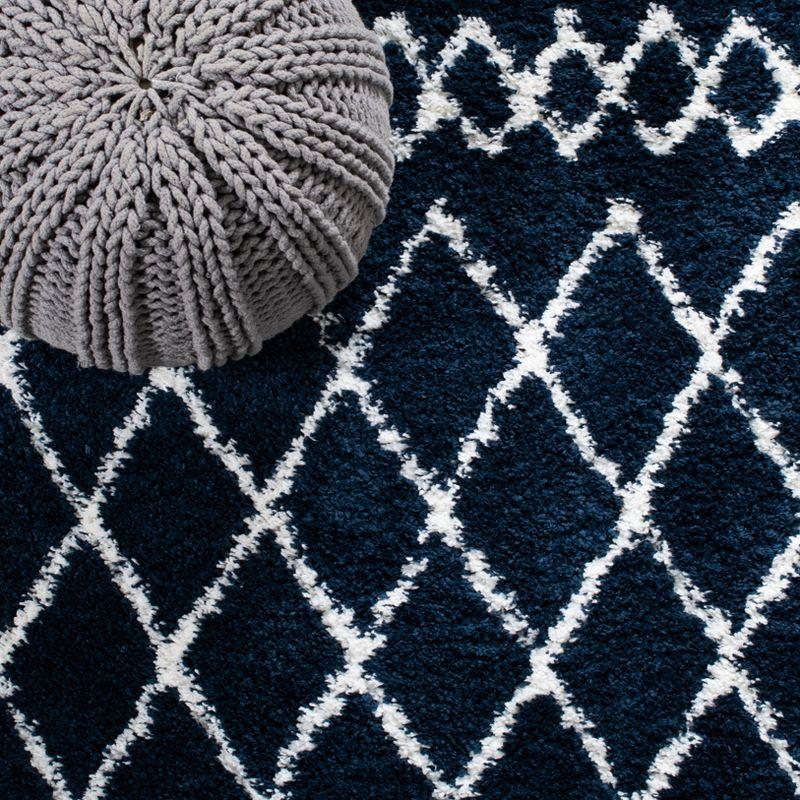 Ivory and Navy Square Shag Rug with Tribal Design