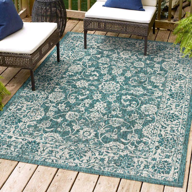 Teal and Gray Bohemian Floral Indoor/Outdoor Area Rug