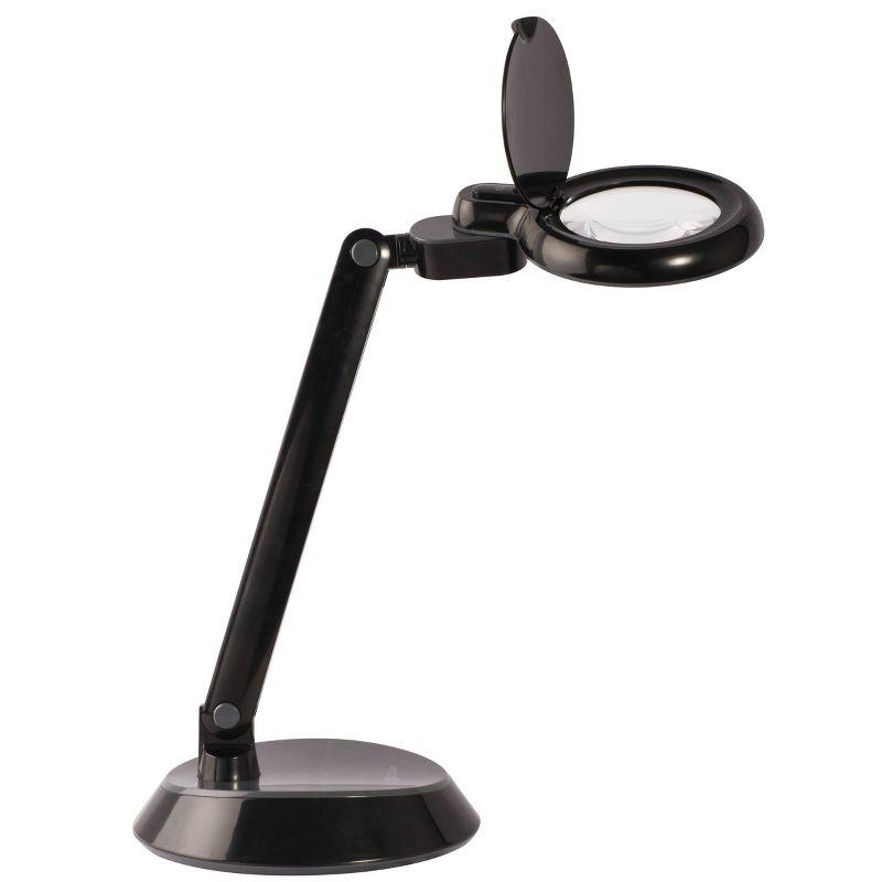 Compact Adjustable Black LED Desk Lamp with Optical-Grade Magnifier