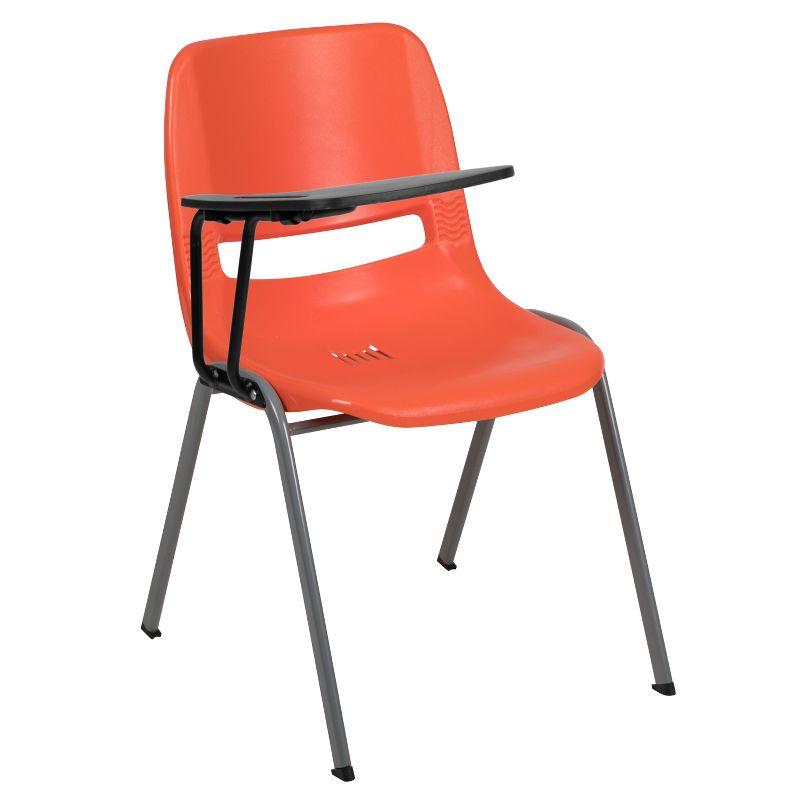 Compact Orange Ergonomic Shell Chair with Flip-Up Tablet Arm