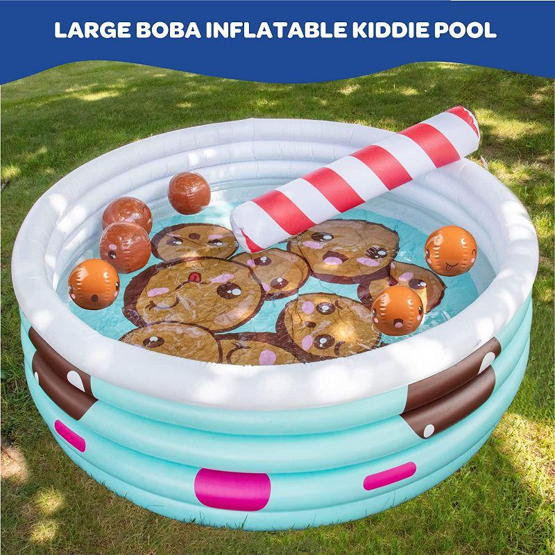 Inflatable 67 x 26 Large Kiddie Pool- Kawaii Inspired Kid's Pool w Mini Boba Beach Balls & Pool Noodle Straw - Family Sized For Summer Fun!