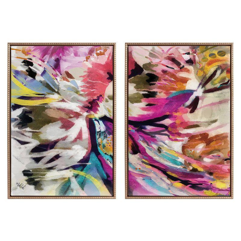 Colorful Abstract Floral Canvas Art Set with Gold Beaded Frame