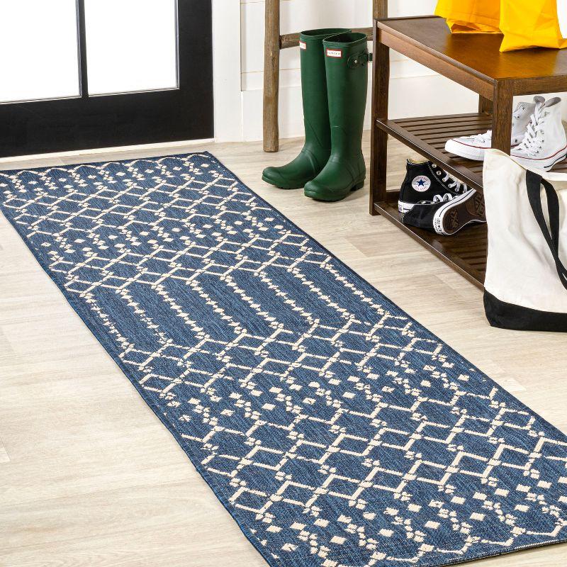 2' x 10' Ourika Moroccan Geometric Textured Weave Indoor/Outdoor Runner Rug, Navy/Beige - JONATHAN Y