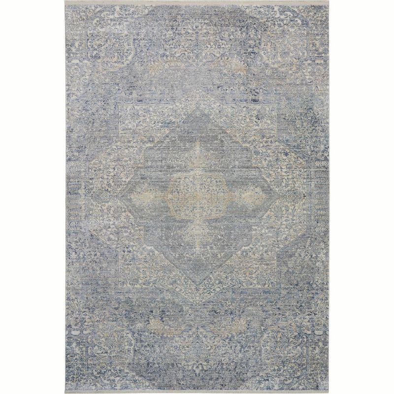 Elysian Medallion Hand-Knotted Wool and Silk Blend Area Rug, Blue and Cream