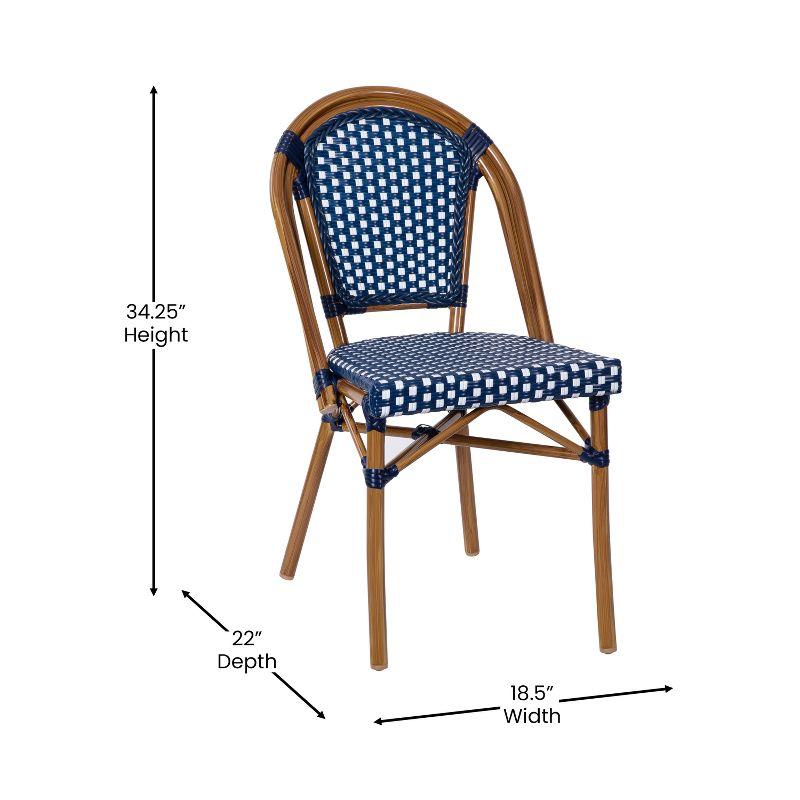 Emma & Oliver Soie Set of Two Stacking Bistro Chairs with Navy and White PE Seat and Back and Bamboo Finished Aluminum Frame for Indoor/Outdoor Use