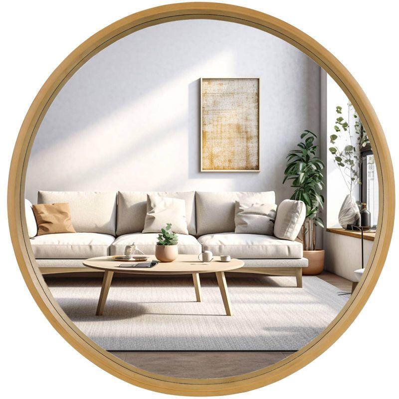 32" Wood Round Mirror Natural - WallBeyond: Pine Frame, Wall Mount, Modern Decor