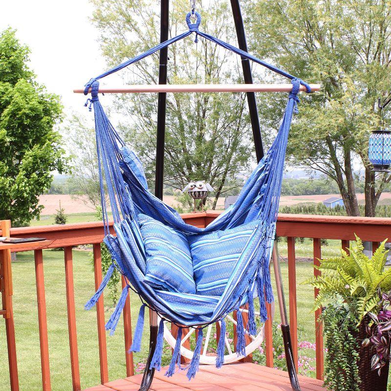 Sunnydaze Double Cushion Hanging Rope Hammock Chair Swing - 265 lb Weight Capacity - Cornflower Stripes