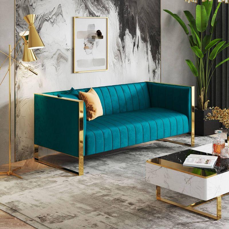 Aqua Blue Velvet and Rose Gold Metal 3-Seater Sofa