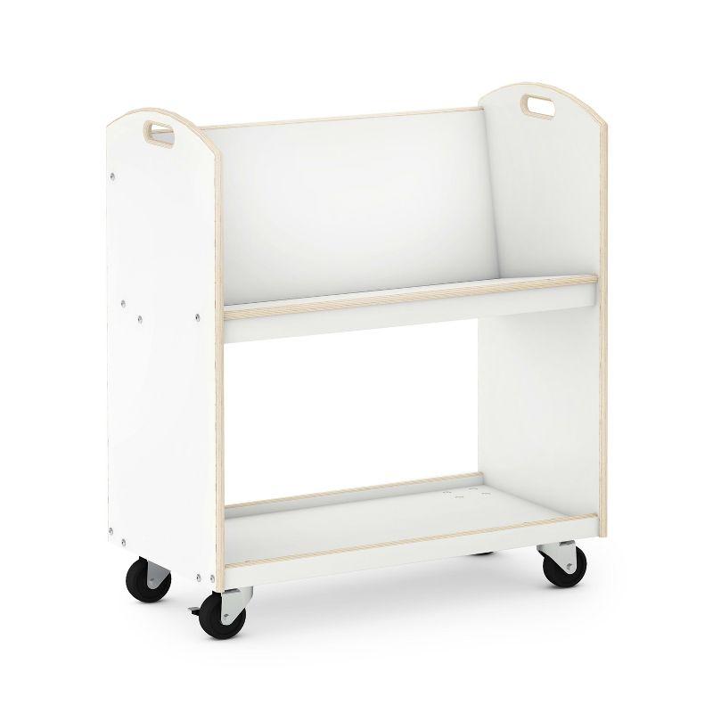 Guidecraft EdQ Rolling Book Storage Cart for Classroom - Natural, Single Sided 2-Shelf Wooden Book Display Rack on Wheels