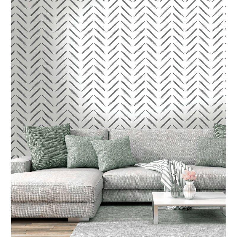 Holden Chevron Brush Marks Black and White Wallpaper: Modern Non-Pasted Paper, Classic Pattern, Washable, 33ft x 20.8in