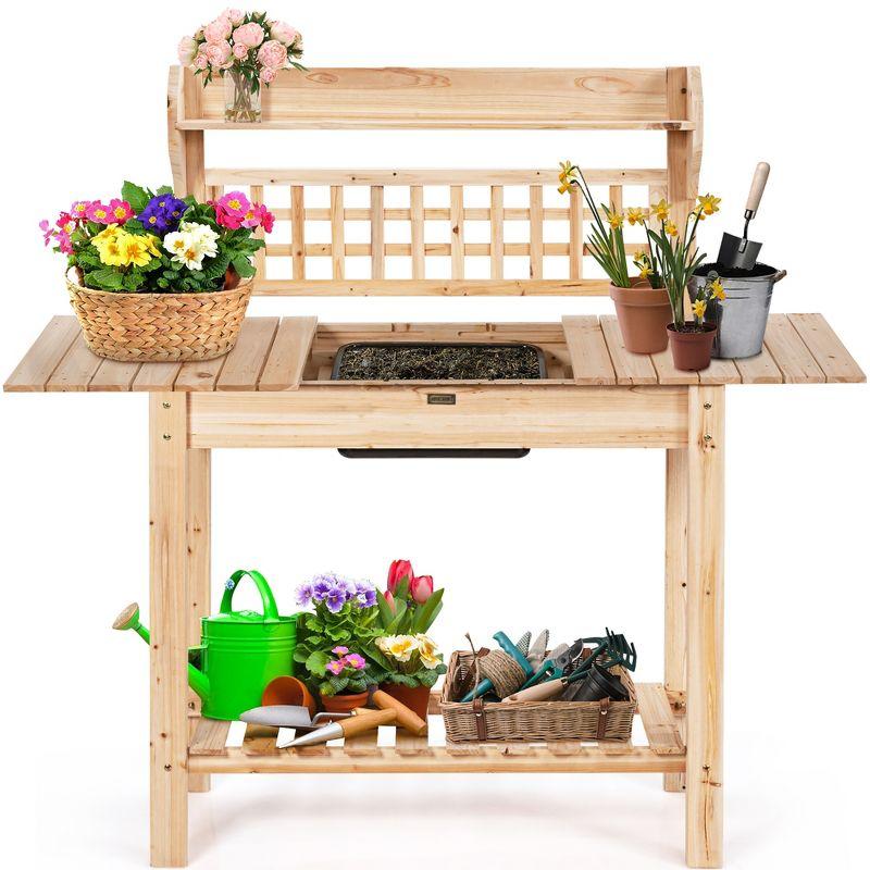 Natural Fir Wood Garden Potting Bench with Sliding Tabletop and Sink