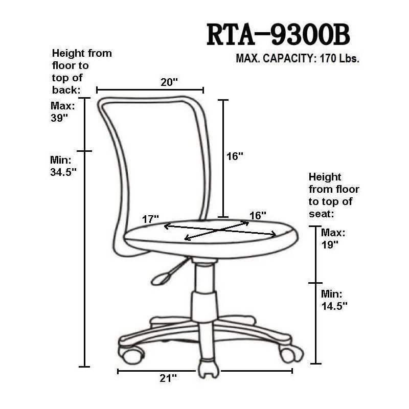 Mesh Task Office Chair Black - Techni Mobili: Pneumatic Height Adjustment, 5-Star Base, Armless