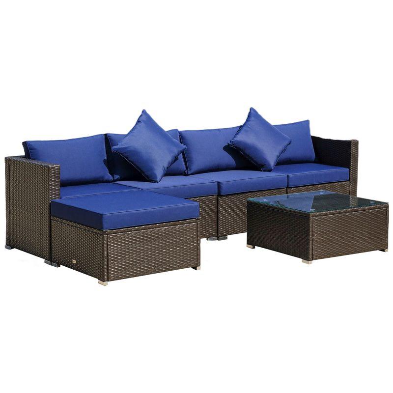 5-Person Coffee and Blue PE Rattan Outdoor Sofa Set